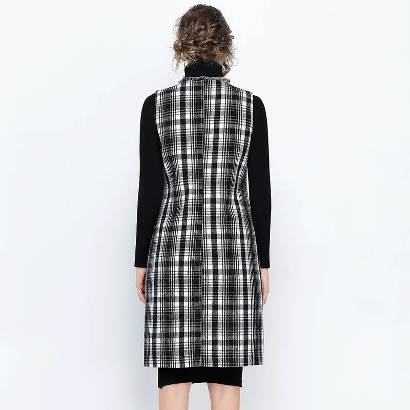 EC.MS шерстяной жилет средней длины в черно белую клетку двубортный толстый хлопок