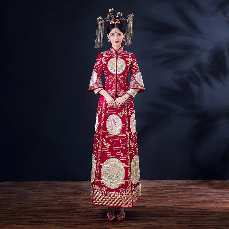 

Традиционная Длинная женская одежда Qipao Свадебная Изысканная Стразы с вышивкой Свадебный Чонсам в китайском стиле для невесты