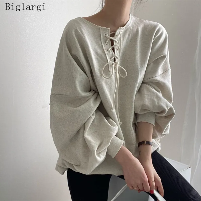 

Lazy Sweatshirt Women Casual Autumn Simple O Neck pullover Tie Design Harajuku Loose vintage Lantern Sleeve Hoodie jumper Female
