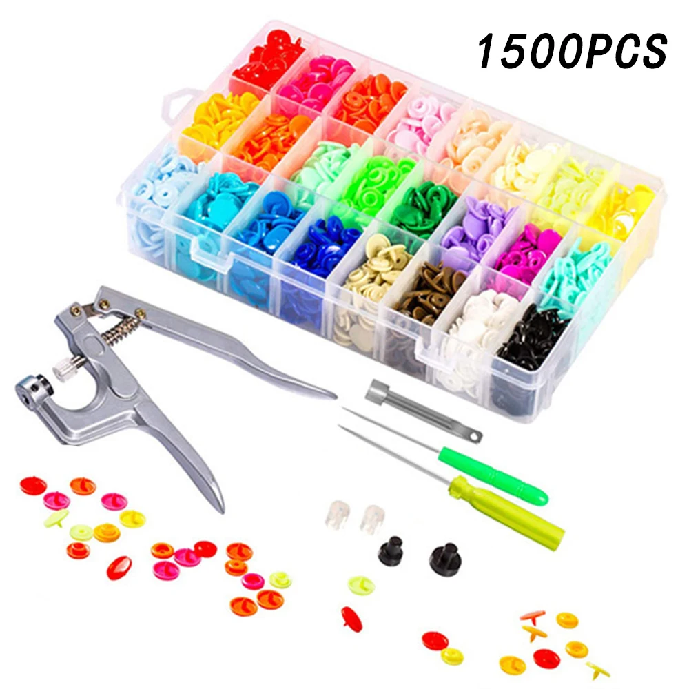 Fastener Snap Button with Snaps Pliers Tool Kit 640pcs/1500pcs T5 Plastic Resin Press Stud Cloth Sewing |