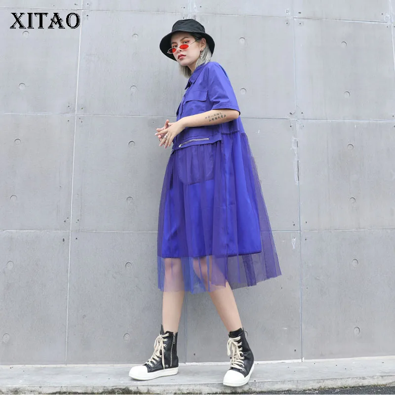 Женское платье с отложным воротником [XITAO] черное однотонное свободного покроя