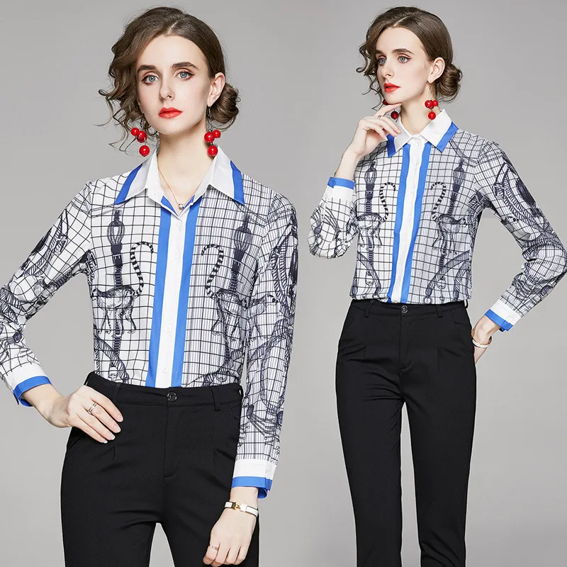 

Graffiti Casual Blouse Women collared shirt womens blusas mujer Long Full Sleeves Elegant camisas para mujer Blue tunique femme
