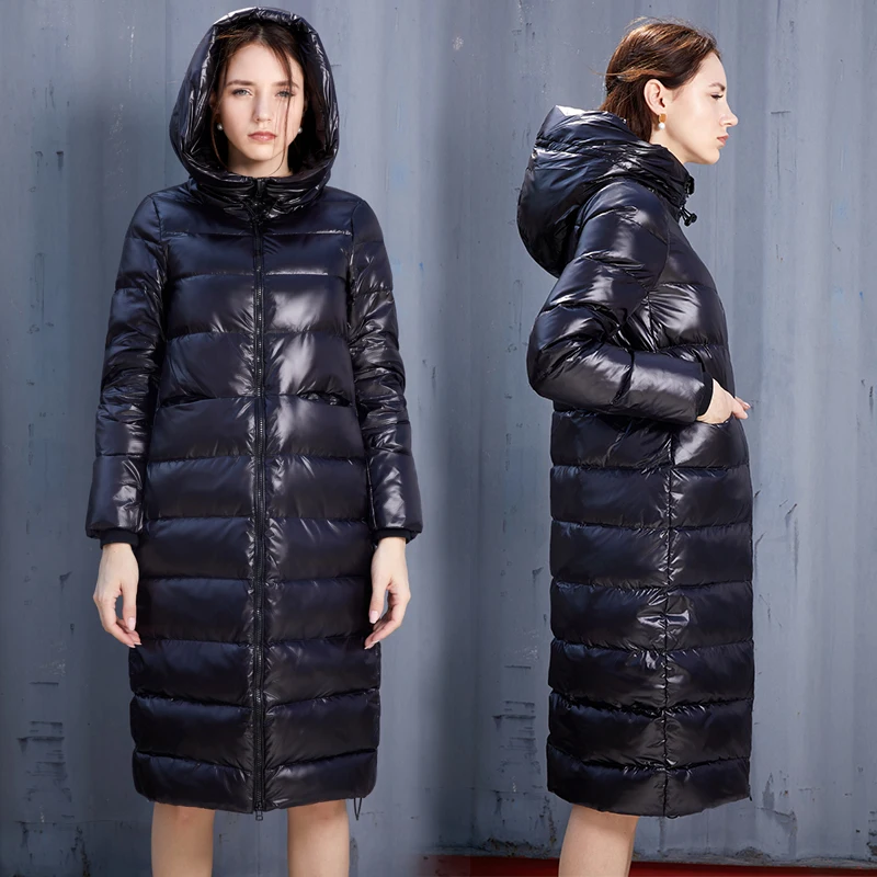 LUZUZI женский зимний пуховик черная блестящая Толстая теплая куртка на белом