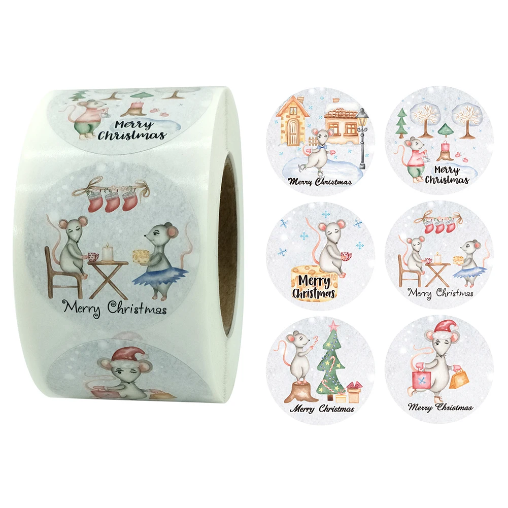 

500 Pcs/roll Merry Christmas Stickers Lovely Rats Christmas Mouse Candy Cookies Box Present Package Sealing Decor Decals