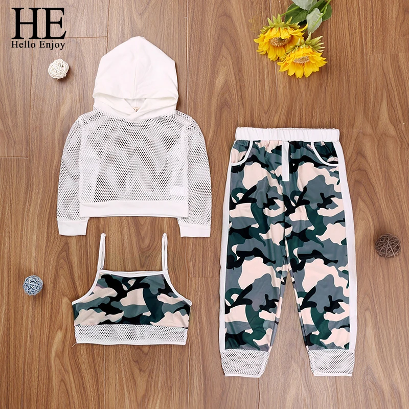 

HE Hello Enjoy Fashion Autumn Baby Girls Clothes Camouflage Sets 3pcs Mesh Net Long Sleeve Hooded Tops+Vest+Solid Pants 4-10Y