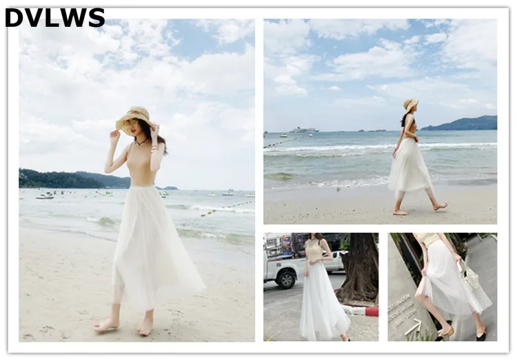 

DVLWS Autumn Winter New Black Mesh Skirt Long Section Women's Fairy Skirt Sweet High Waist A-line Fluffy Women Winter Skirt