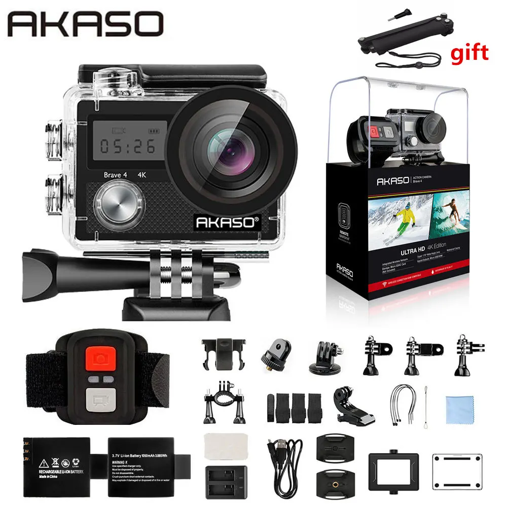 add selfie stick AKASO Brave 4 Экшн-камера Ultra HD 4K WiFi 2,0 дюймов 170D 20MP Подводная Водонепроницаемая камера на шлем Спортивная камера селфи палка подарок - Цвет: add selfie stick