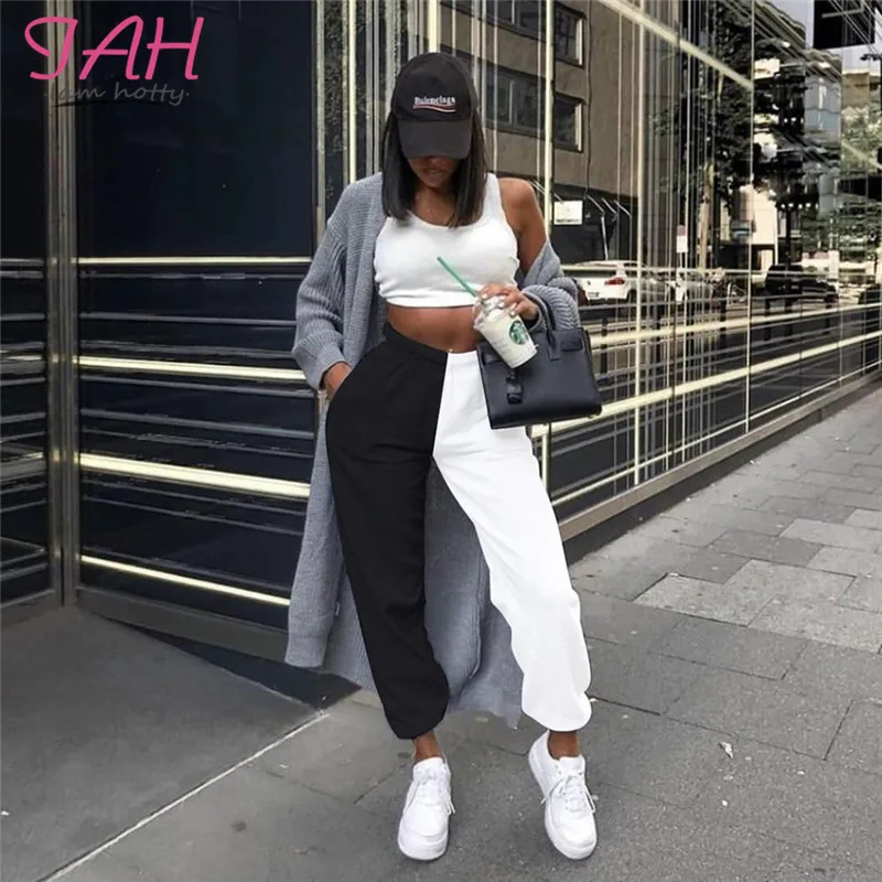 

IAMHOTTY Patchwork Black And White Contrast Pantalon Pocket Loose High Waist Joggers Woman Fashion High Street Sporty Sweatpants