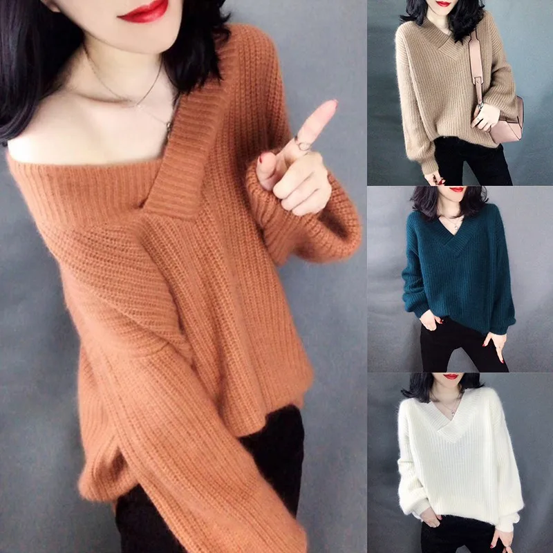 Loose Casual Lantern Sleeve Mohair Thicken Sweater Women Fashion Trend Simple V-neck Solid Color Pullover Sweater