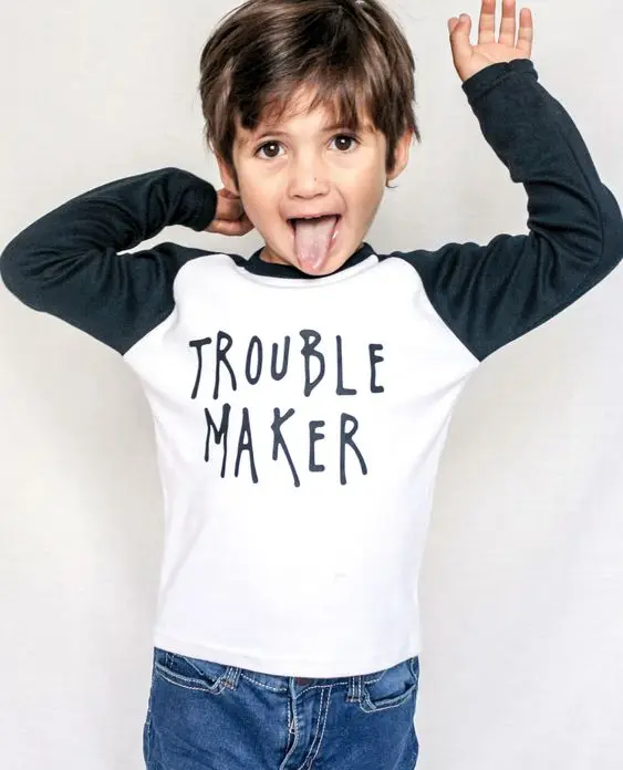 Trouble Maker для мальчиков и девочек Осенние футболки с длинными рукавами Детская