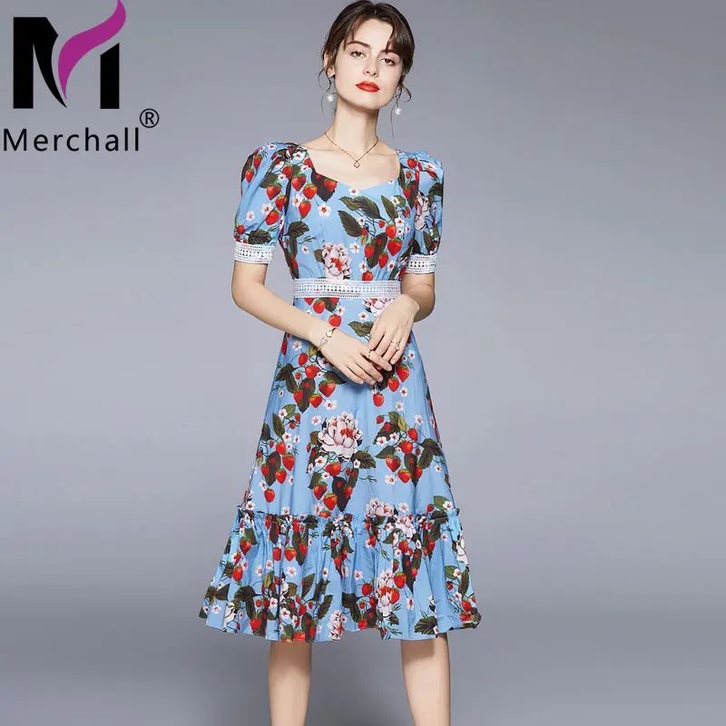 

Merchall 2021 Runway Fashion Retro Elegant Puff Sleeve Square Collar Midi Dress Woman Ruffled Flower Print Summer Dresses M77028