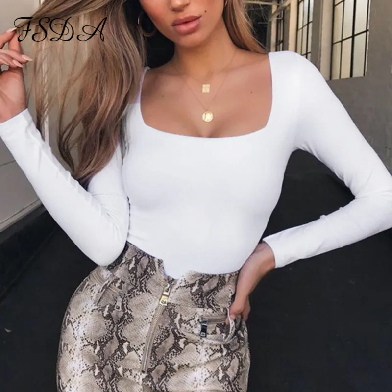 Женская Повседневная футболка FSDA Suqare черная белая Базовая с длинным рукавом и