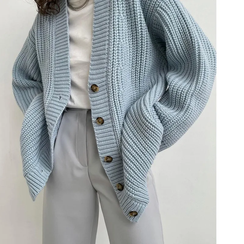 

Knitted Solid Long Sleeve Cardigan Casual Fashion Loose Comfort Cardigans 2021 Winter Button V Neck Vintage Women Cardigan