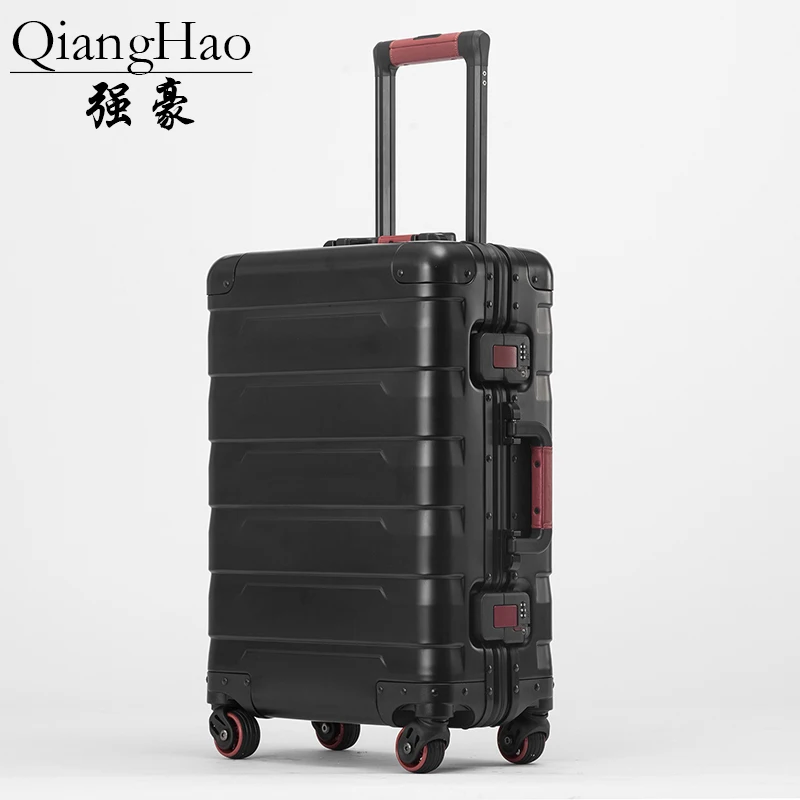 QiangHao Все Алюминий чемодан Hardside Прокат троллейбусов Дорожный чемодан 20 вести 24 26 проверено - Цвет: Black