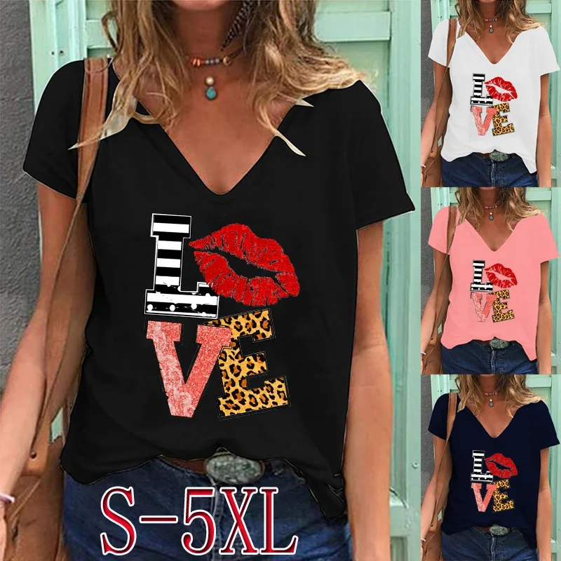 

Womens Summer Fashion Casual Love Printed Short Sleeve V-Neck T-shirt Loose Graphic Shirt Plus Size Blouse Tops