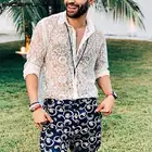 Мужская рубашка INCEURN, удобная повседневная Уличная одежда, привлекательная прозрачная блузка с принтом и длинными рукавами из микропрозрачного кружева