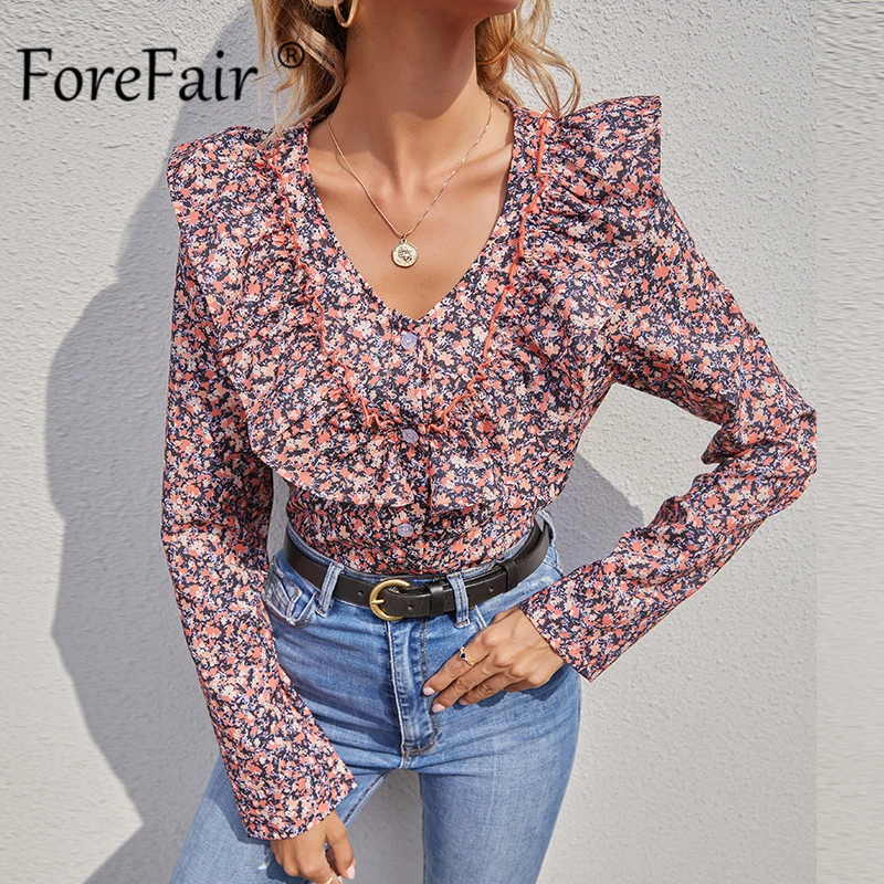 

Forefair рюшами винтажная блузка для женщин с длинными рукавами, повседневный или офисный стиль, на каждый день женские 2021 размера плюс, женские...