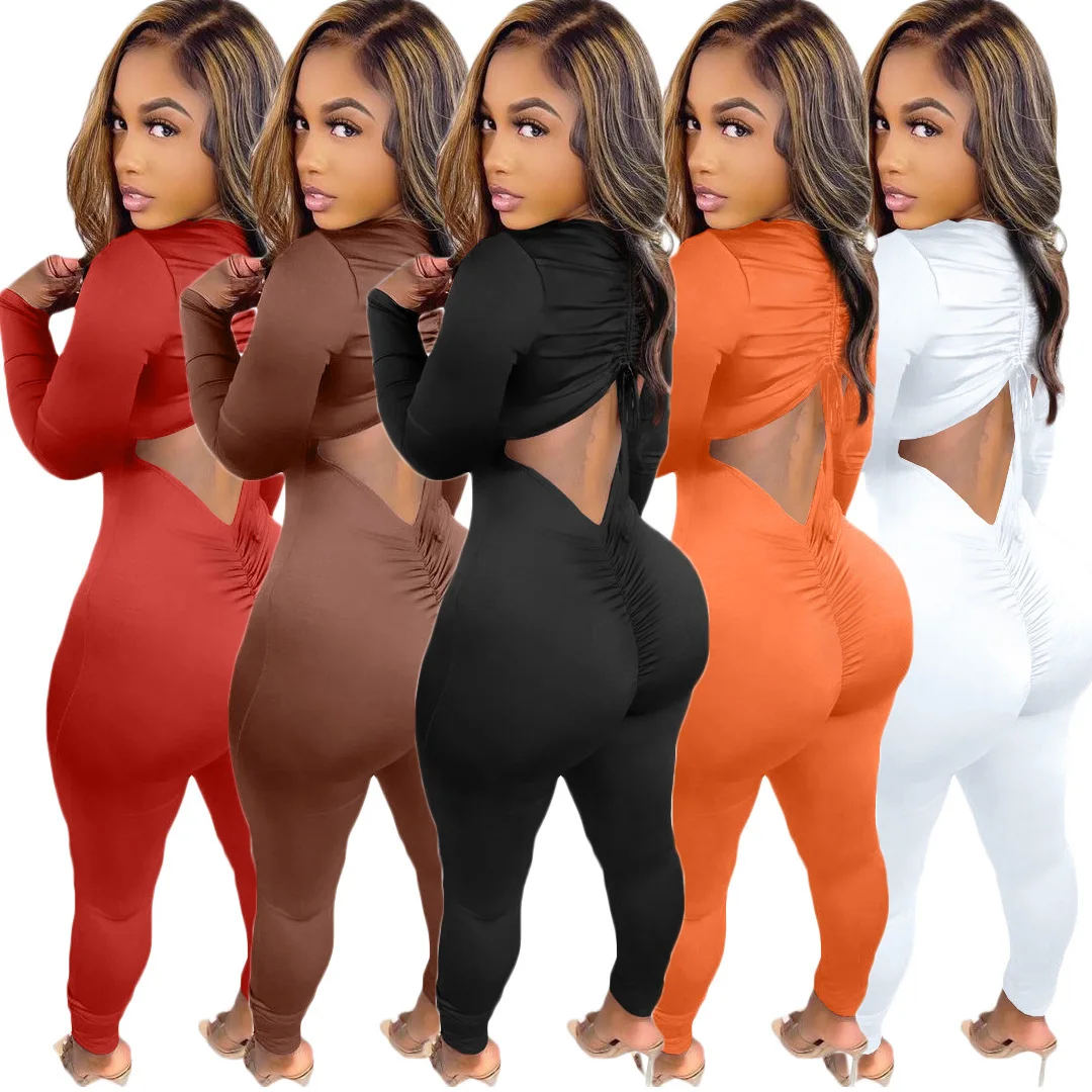 

Solid color v-neck stitching pleated jumpsuit feminine halter dress