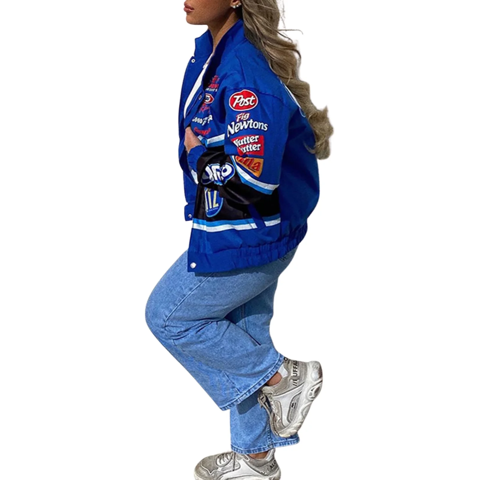 

Women Color Block Baseball Jacket Couple Bomber Letter Print Long Sleeve Stand Collar Hiphop Streetwear Outerwear