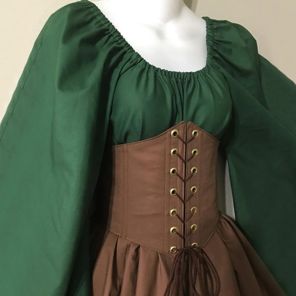 

Mandylandy Medieval Flare Sleeve Square Collar Renaissance High Waist Irregular Dress Women's Vintage Slim Fit Patchwork Dress