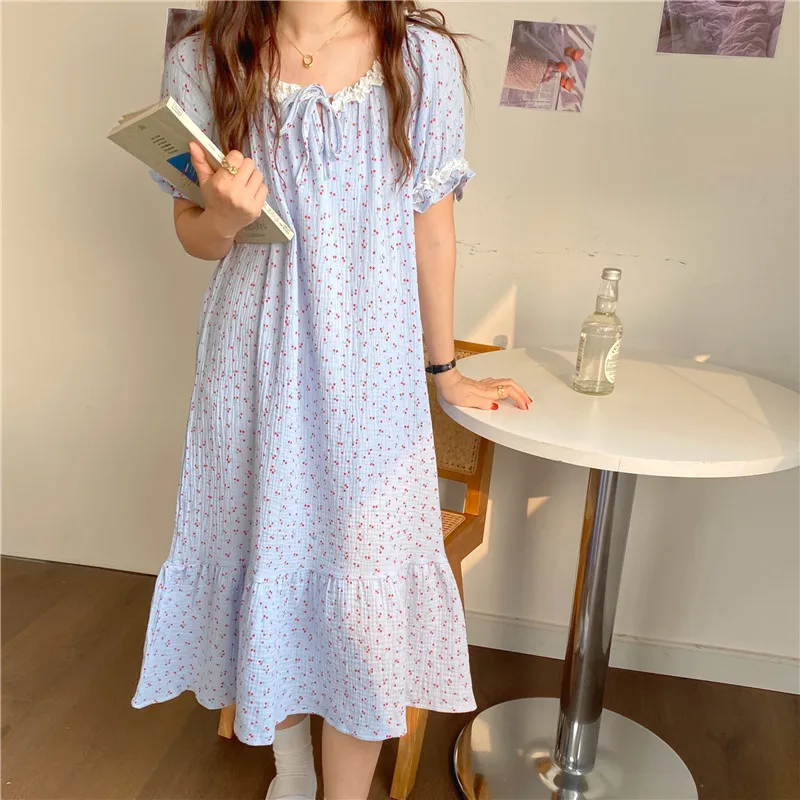 

Alien Kitty Florals Homewear Printed High Quality Sweet 2021 Princess Prom Femme All Match Loose Nightdress Chic Pajamas Dress