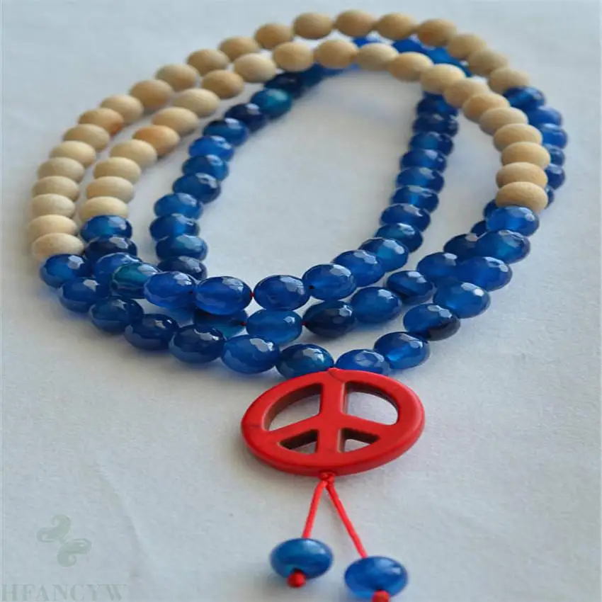 

8mm sandalwood blue chalcedony Mala necklace 108 Beads Bless Unisex Fancy Reiki spirituality Veins pray Tassel Chakas Meditation