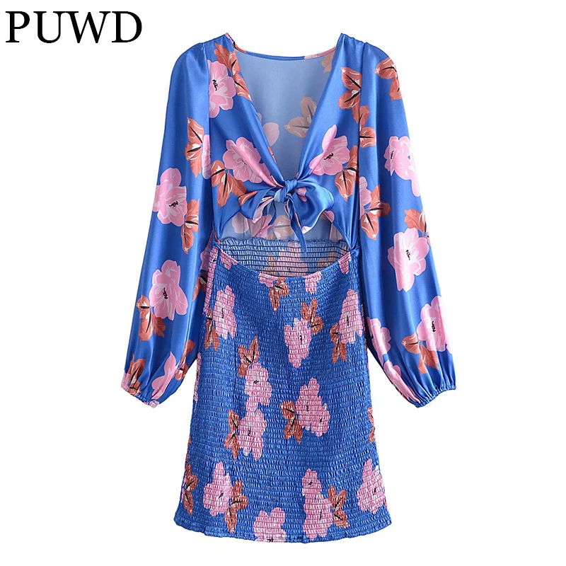 

PUWD Sexy Women Mini Dress Long Sleeve V Neck Vintage Ladies Print Dress 2021 Autumn Fashion Knotted Blue Female Chic Dresses