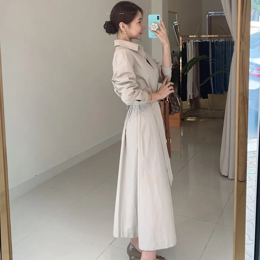 

2021 Spring Clothing Korean Style Chic French Elegant Shirt Single-Breasted Lace up Waist Slimming Long Dress for Women