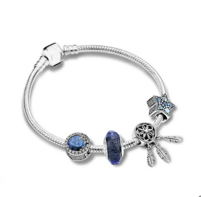 

Original 925 Sterling Silver Blue Bright Star Snake Chain Basic pan Bracelet Bangle Fit Women Bead Charm Diy Jewelry