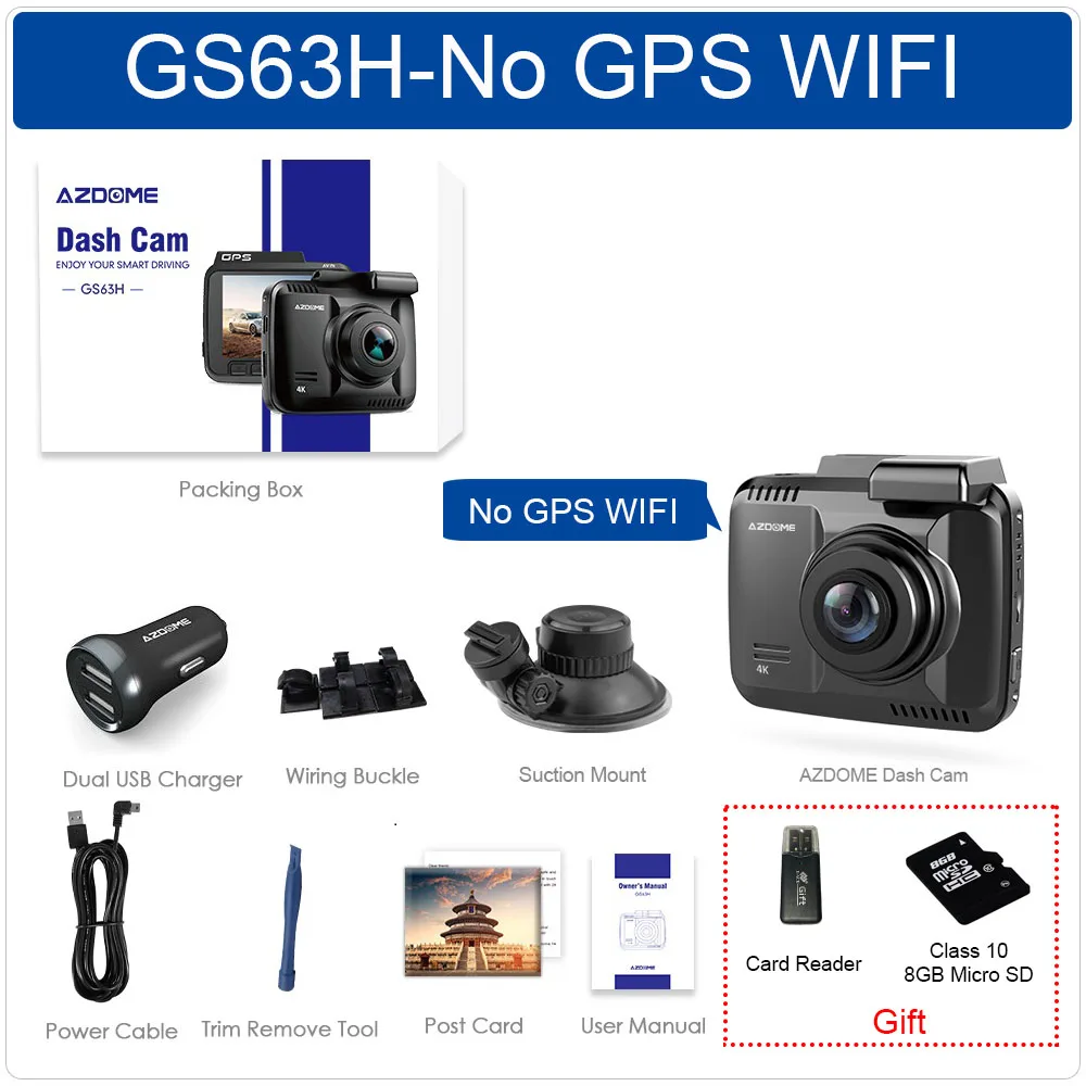 AZDOME GS63H 4K Встроенный gps WiFi Автомобильный видеорегистратор DashCam для транспорта, с двумя объективами 6/10 метров камера заднего вида видеокамера ночного видения - Название цвета: GS63H-NO GPS WIFI