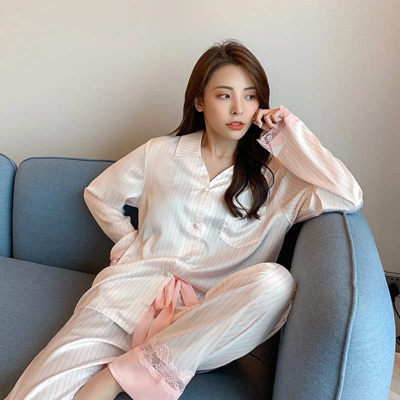 

Women Spring Pajama Sets Turn-down Collor Shirt+Pants Comfortable Long Sleeve Green Stripe Pyjamas Female Home Wear