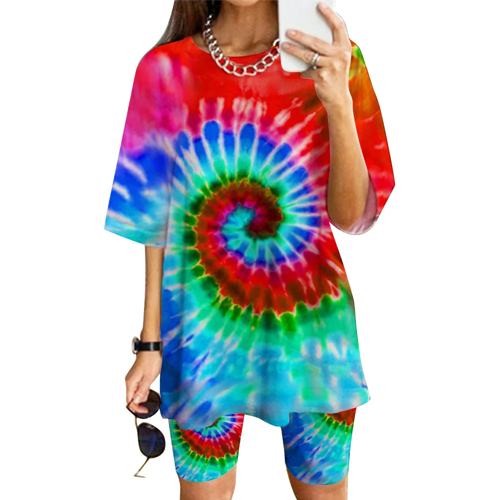 

2020 Women 2 Piece Set Multicolor Print Tracksuit Summer Clothes Fashion O Neck Short Sleeve T-shirt Biker Shorts Matching Sets