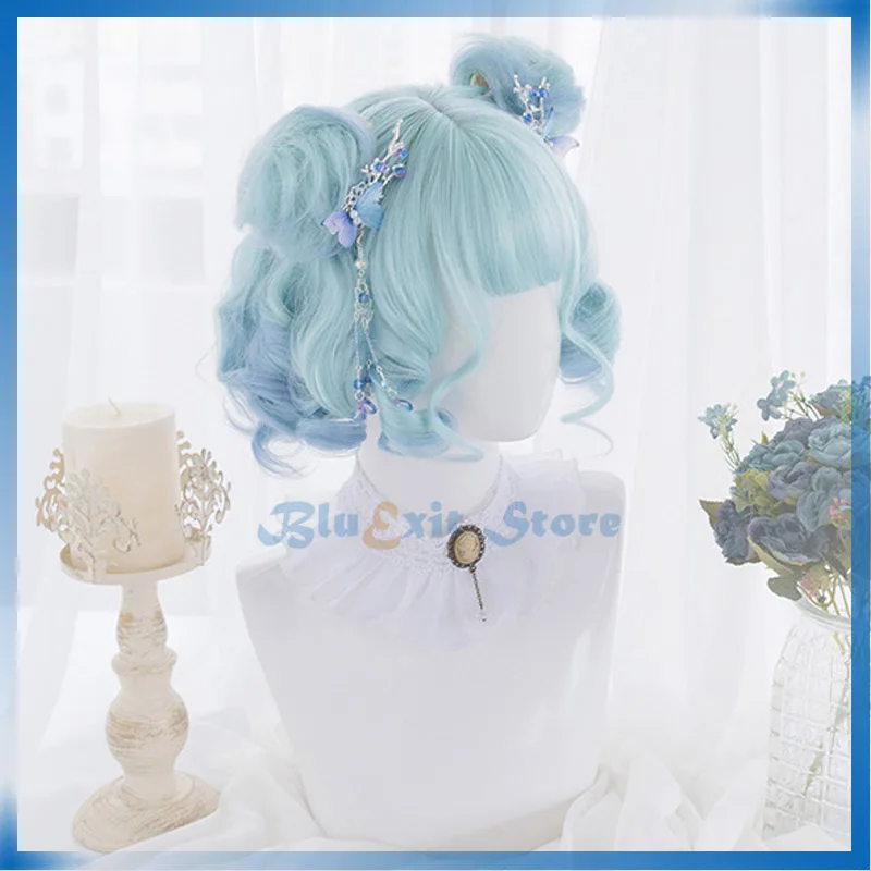 Lolita Harajuku Wig Buns Cosplay Sweet Cute Gradual Green Blue Short Curly Synthetic Hair Adult Girls Headwear |