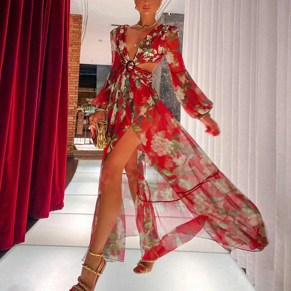 2021 Beach Dress Summer Floral Swimsuit Print Belt Bathing Suit Women Long Cover Up Off Shoulder Beachwear