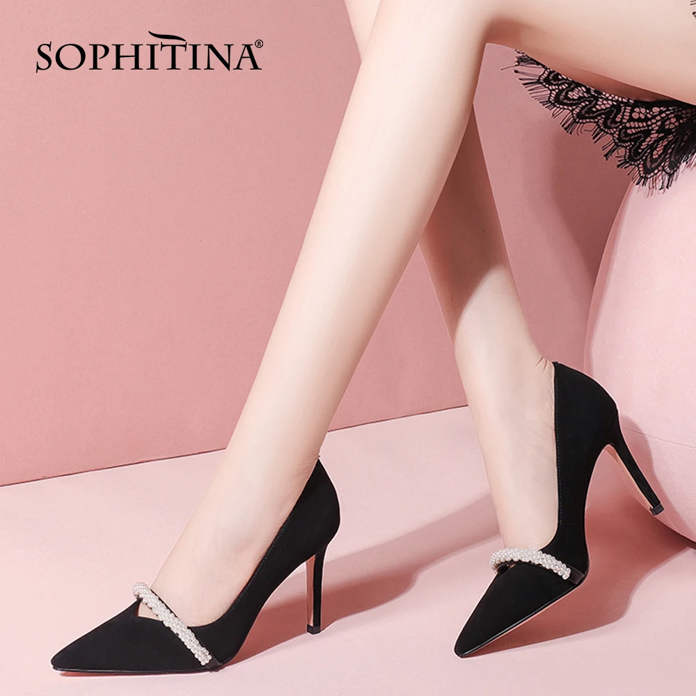 

SOPHOTINA Matyre стильные сексуальные женские туфли-лодочки с неглубоким шнурком из бисера с жемчугом с острым носком замшевые туфли на высоком то...
