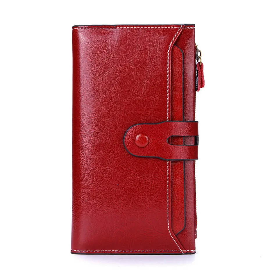 Leather rfid anti-theft brush ladies wallet, long oil wax leather mobile phone clutch bag, cowhide vintage wallet