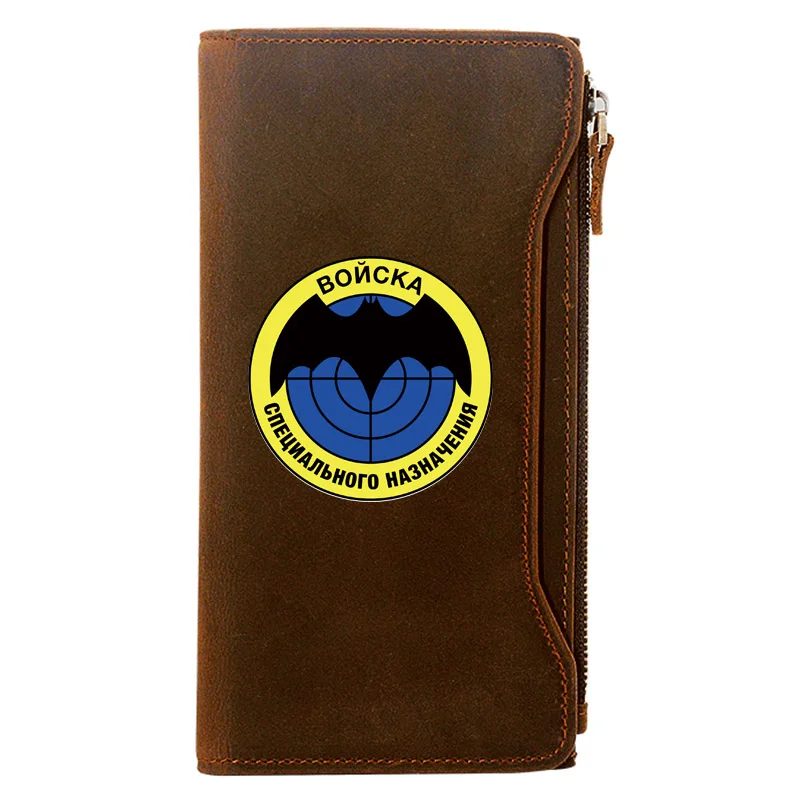 

Classic Russian Special Forces GRU СЦНА РУ Printing Genuine Leather Wallet Men Long Purse Zipper Hasp Card Holder Wallet