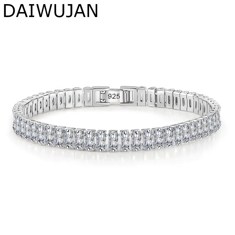 DAIWUJAN 925 Серебряные Блестящие Браслеты на Цепочке для Женщин Формы Прямоугольник с Кристаллами Циркона Браслет-Теннис с Разделкой.