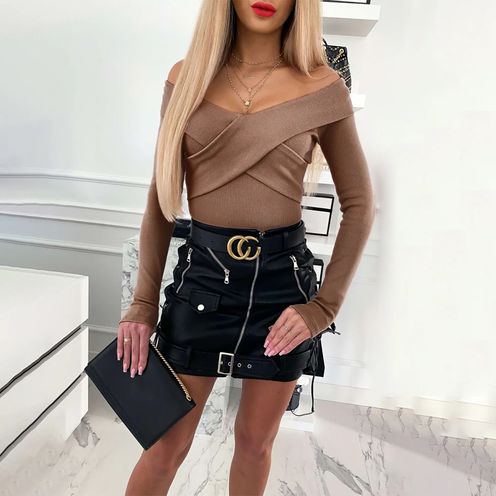 Женский топ с воротником 2020 сексуальная облегающая футболка открытыми плечами и