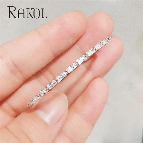 RAKOL AAA+ кубический цирконий багет Bijoux манжета Теннисный браслет и браслет с розовым золотом женские свадебные ювелирные изделия - Окраска металла: Rose Gold 5