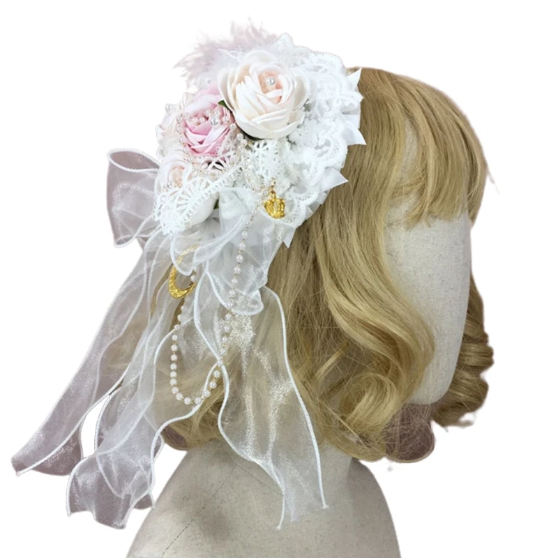 

Japanese Lolita Bonnet Sweet Lace Flower Pearl Beading Top Hat Kawaii Gothic Cosplay Ribbon Bow Feather Side Hair Clip X7YC