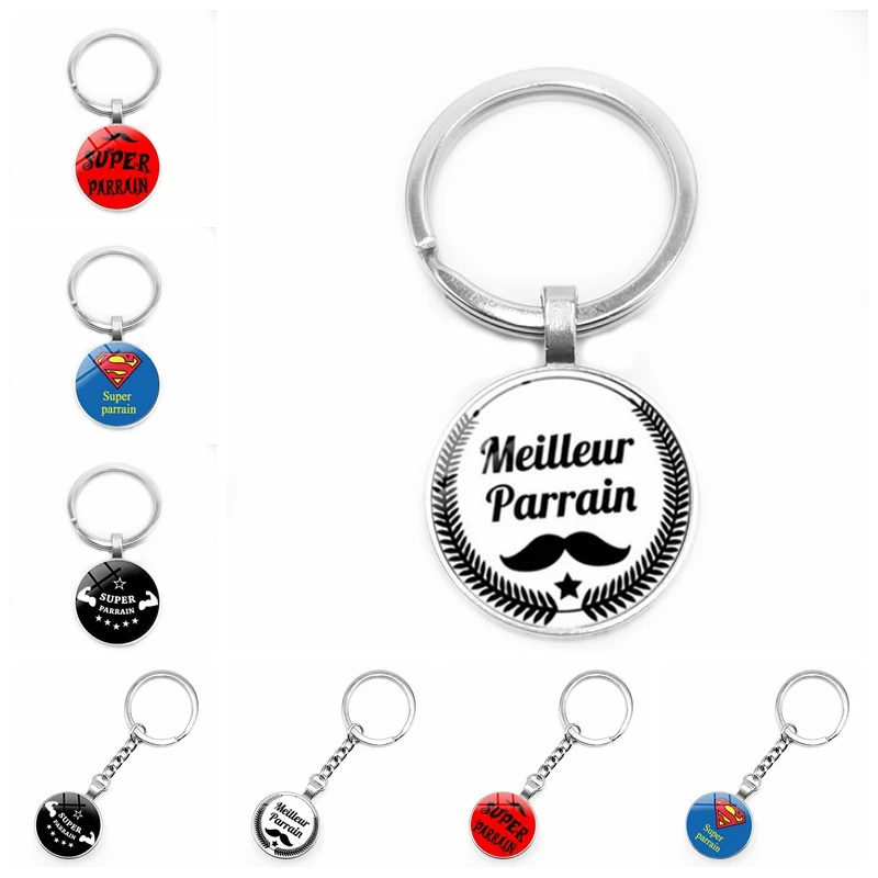 

2020 New Super Parrain Letter Elements and Various Pattern Keychain Glass Convex Blessing Pendant Keychain Gift