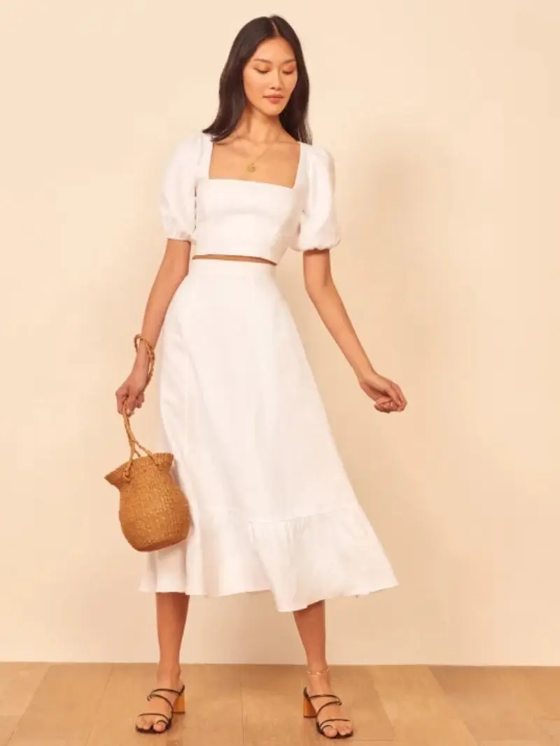 

Women Clothes Set Clothing Suit 2pcs New Sexy Two-Piece Solid Color Short Sleeve Square Neck Top + Straight Skirt