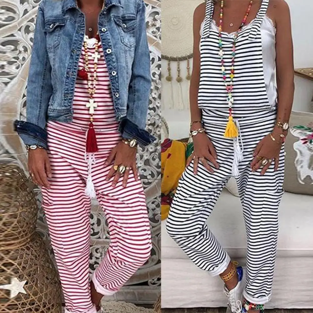 

Hot Sales!!!Plus Size Women Striped Print Pocket Tassel Drawstring Long Jumpsuits Overalls