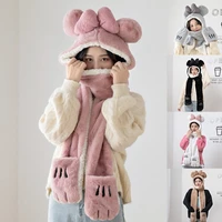 p8db cartoon cat paw plush hat with scarf and mittens three piece set for adults kids
