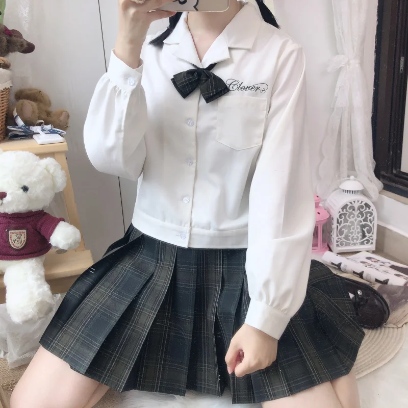 

Autumn Girl New Japanese JK Uniform Student Lapel Long Sleeve Letters Embroidery Blouse White Shirt Women Tops