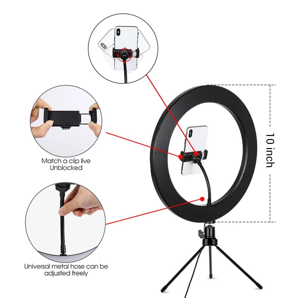 

M260 10 inch LED Live Ring Light Dimmable Selfie Ring Light with Tripod Stand and Phone Holder For Live Stream Make Up