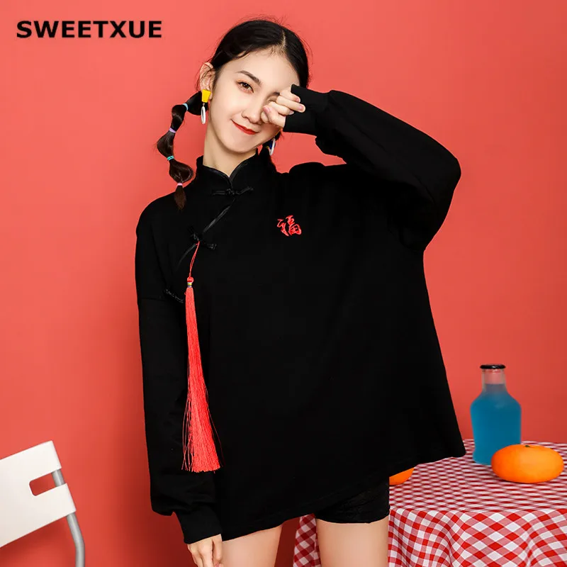 Новинка Осень зима 2019 свитшоты SWEETXUE с вышивкой и кисточками длинным рукавом