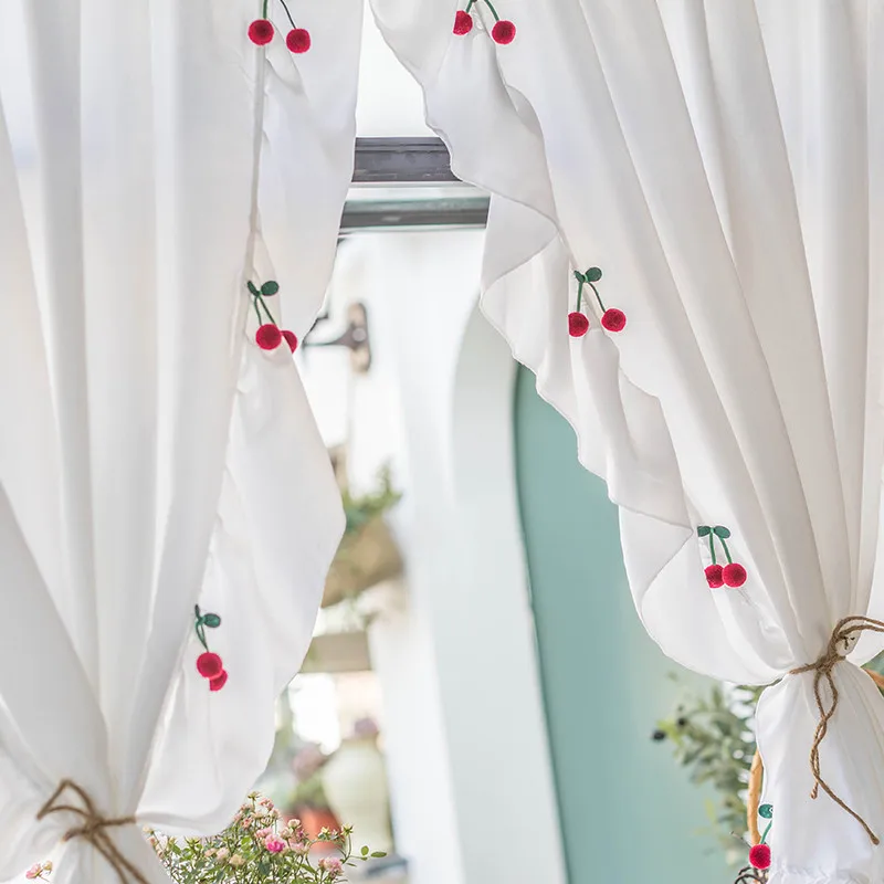 White Sheer Curtain Ruffle For Living Room Kitchen Cabinet Window Drapes Cute Cherry Kids Bedroom Tulle Rod Pocket | Дом и сад