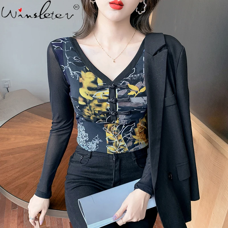 

Fall Winter Ethnic Style Mesh T-Shirt Fashion Sexy V-Neck Button Print Patchwork Mesh Long Sleeve Tees Women Tops 2021 T19115A